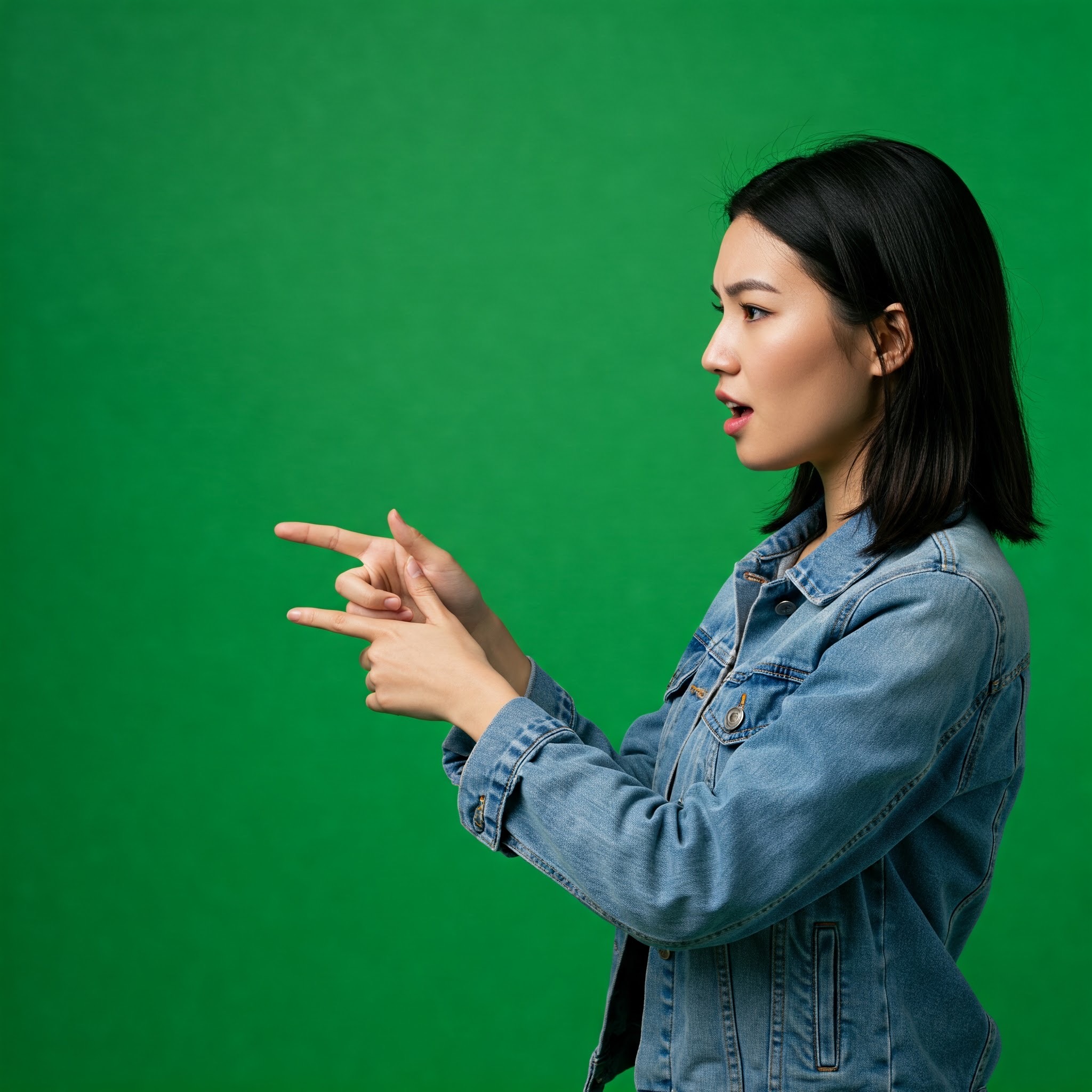 photo of Excited Young Woman Pointing Sideways Against Green Screen